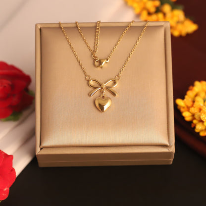 Sweet Bow & Heart 18K Gold PVD Necklace