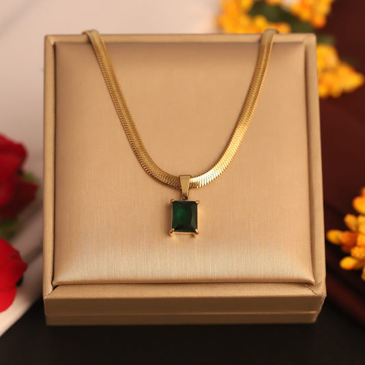Green Stone Charm with Snake Chain 18K Gold PVD Necklace