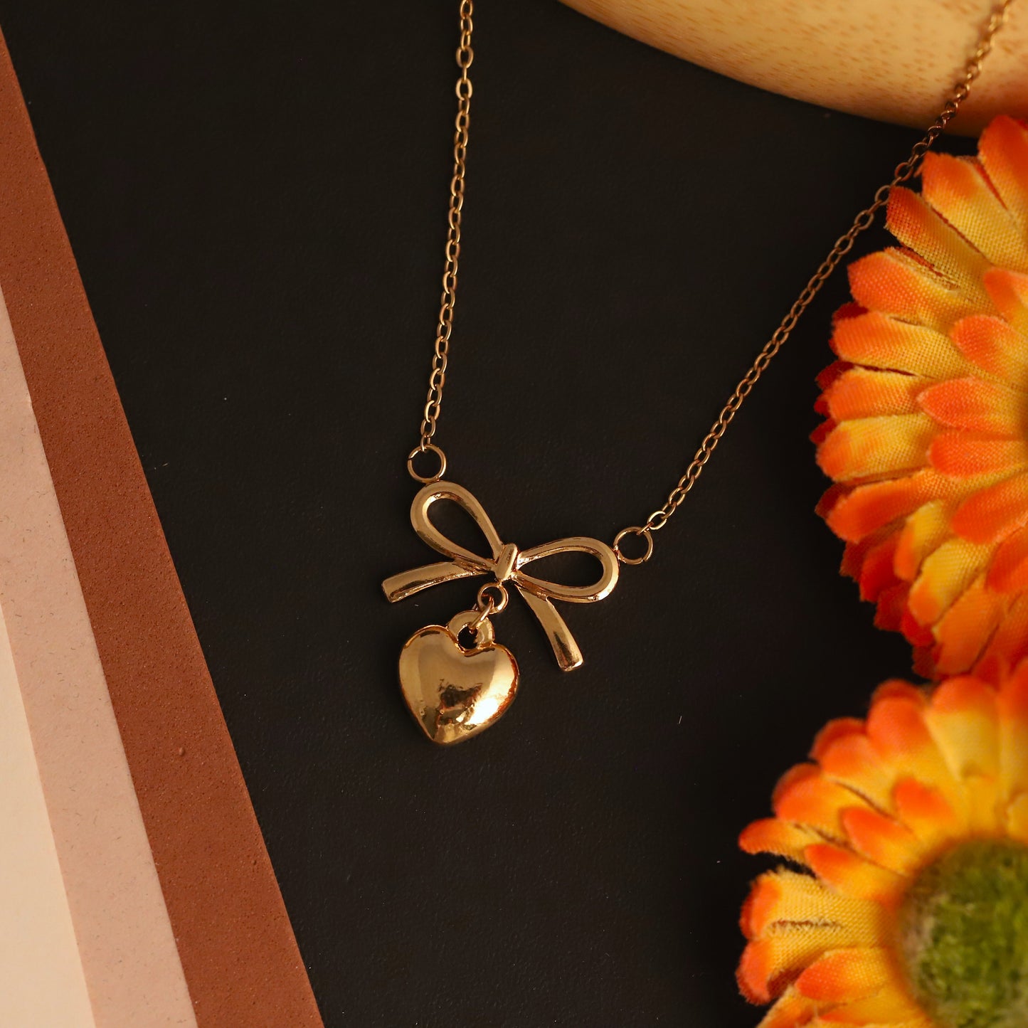Sweet Bow & Heart 18K Gold PVD Necklace
