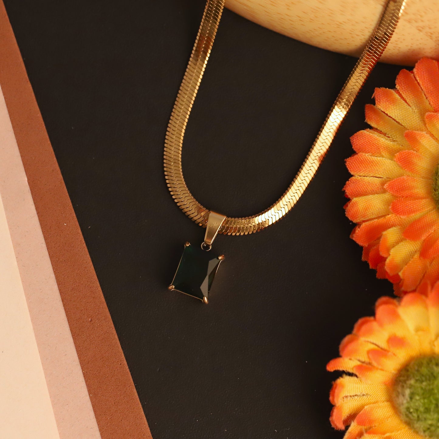 Green Stone Charm with Snake Chain 18K Gold PVD Necklace