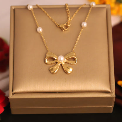 Ribbon Pearl 18K Gold PVD  Bow & Pearl Necklace