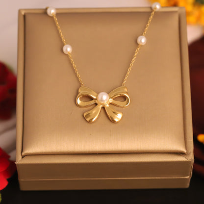 Ribbon Pearl 18K Gold PVD  Bow & Pearl Necklace