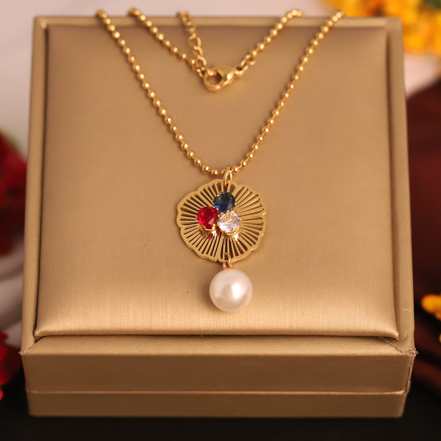 Tricolor Bloom Pearl 18K Gold PVD Necklace
