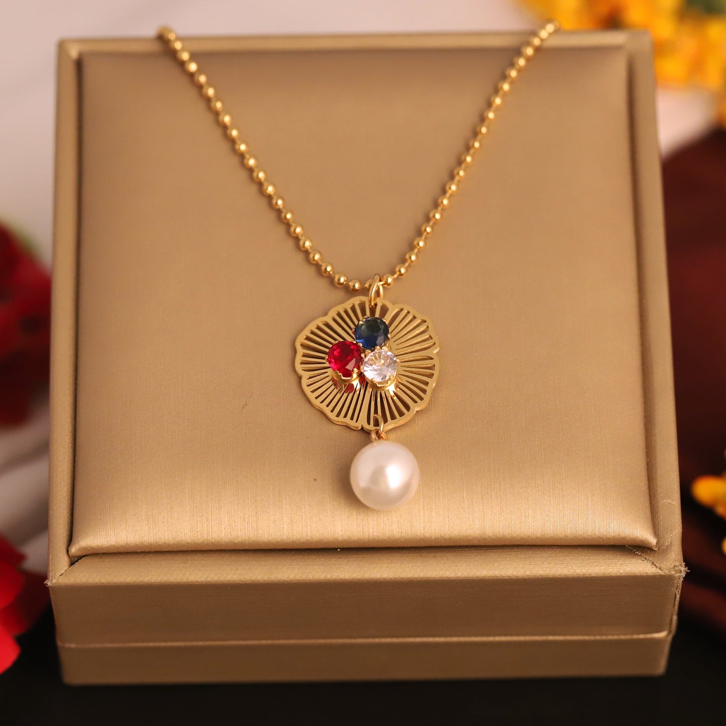 Tricolor Bloom Pearl 18K Gold PVD Necklace