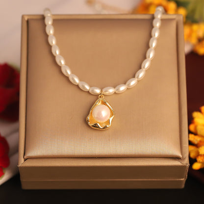 Lustrous Pearl Charm 18K Gold PVD Necklace