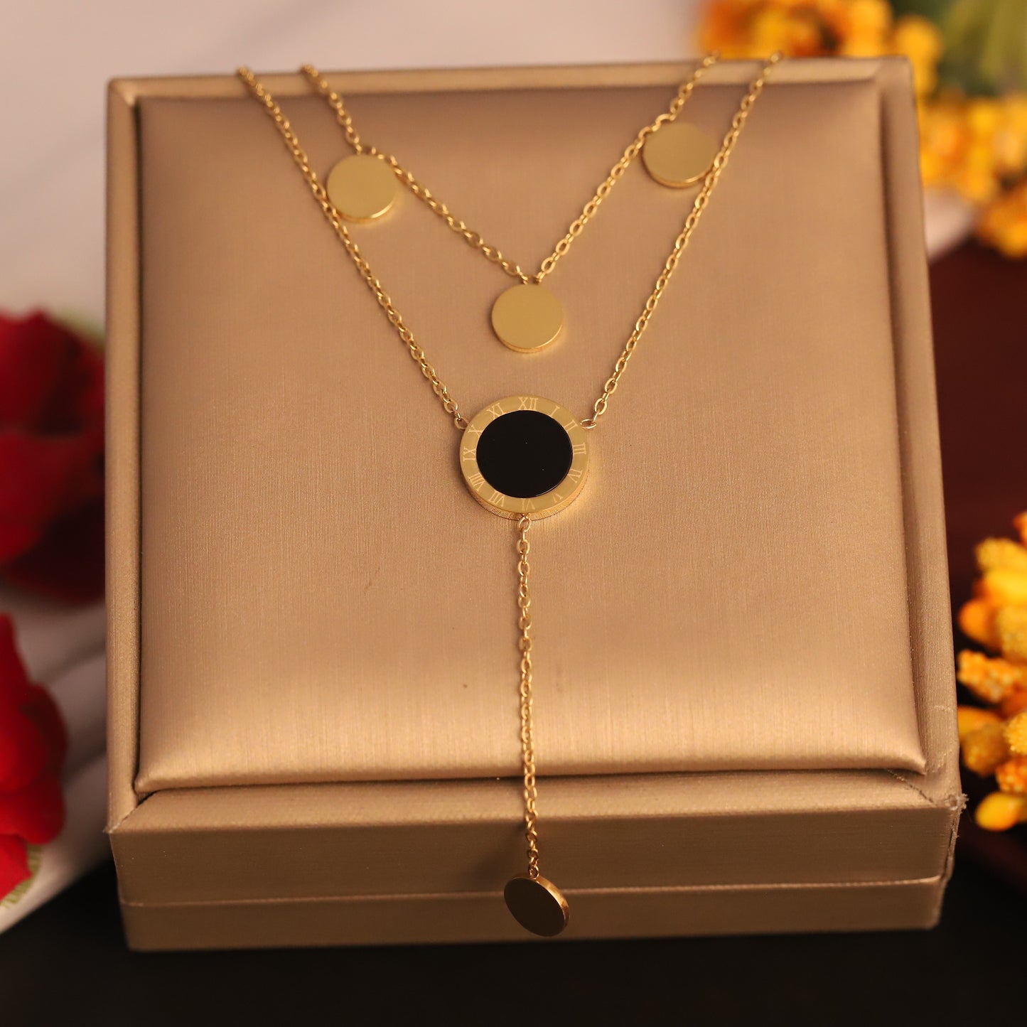 Dual-Layer Gold Chain 8K Gold PVD Necklace with Black Enamel Circle