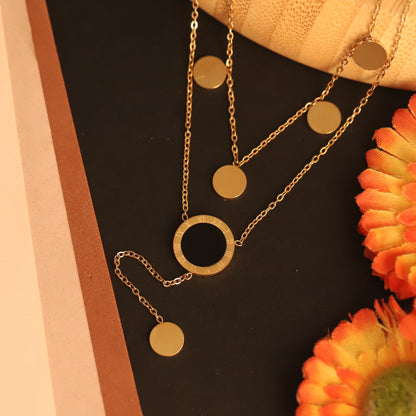 Dual-Layer Gold Chain 8K Gold PVD Necklace with Black Enamel Circle