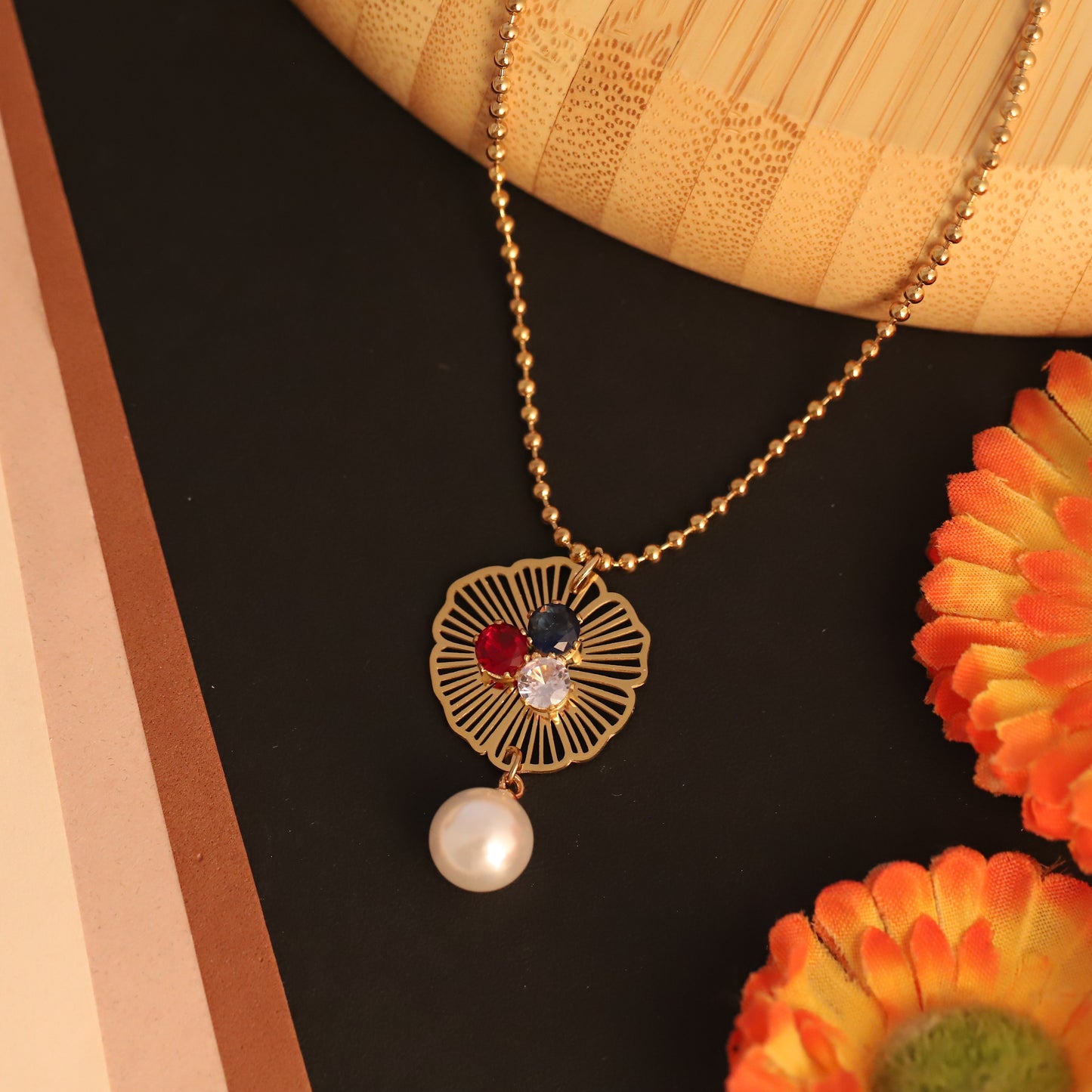 Tricolor Bloom Pearl 18K Gold PVD Necklace