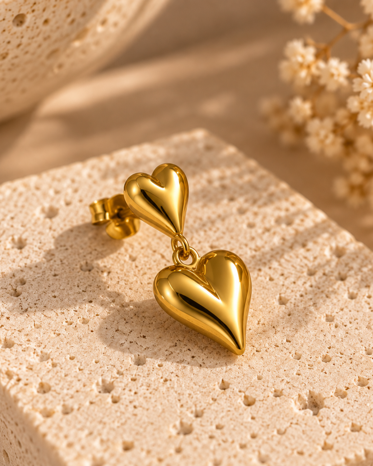 Puffed Gold Heart Drop Earrings
