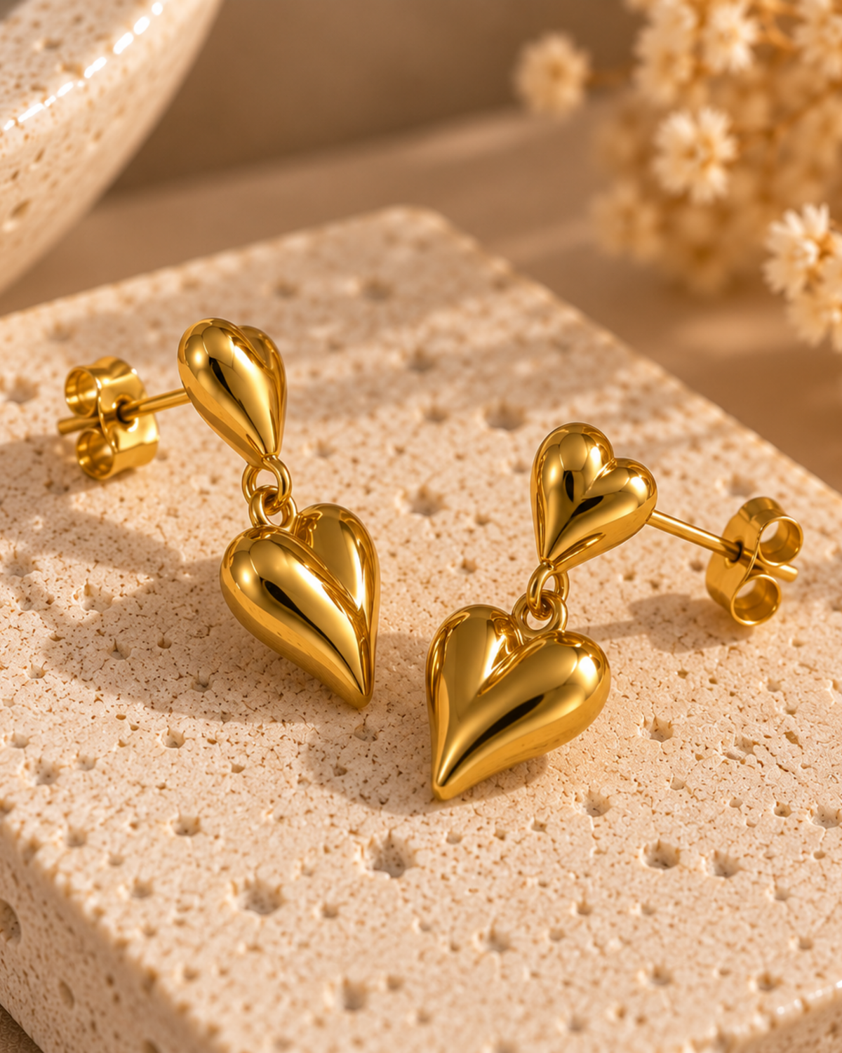Puffed Gold Heart Drop Earrings