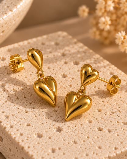 Puffed Gold Heart Drop Earrings