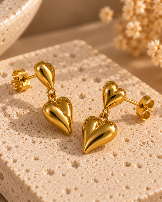 Puffed Gold Heart Drop Earrings