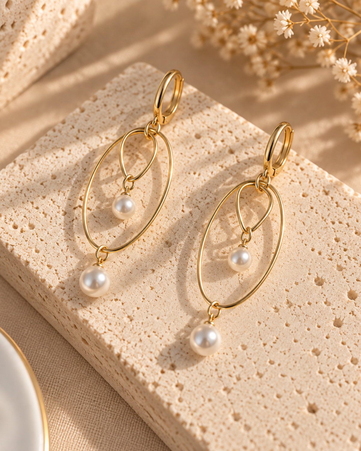 Double Oval Pearl Drop Earrings