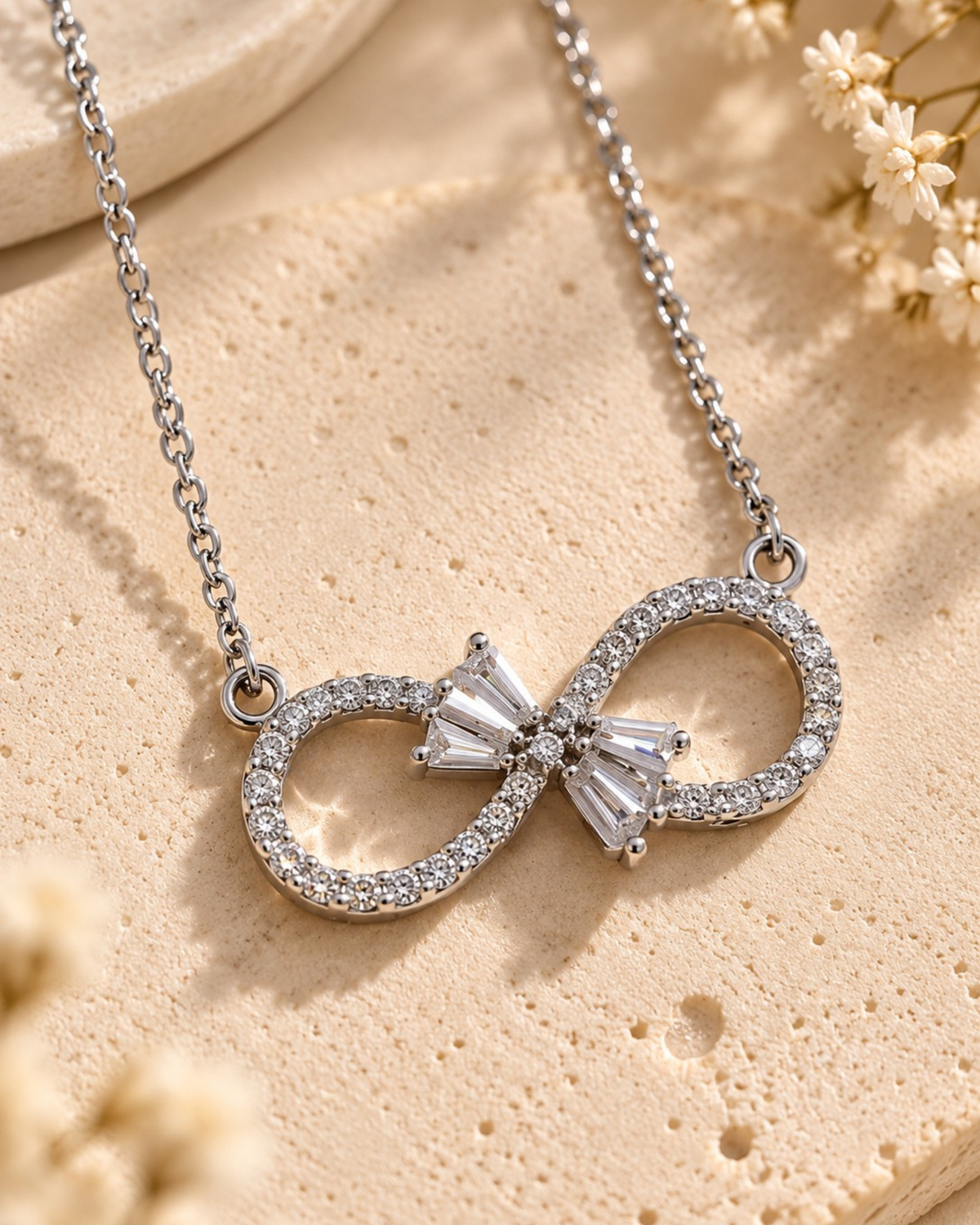Silver Infinity Bow Pavé Necklace