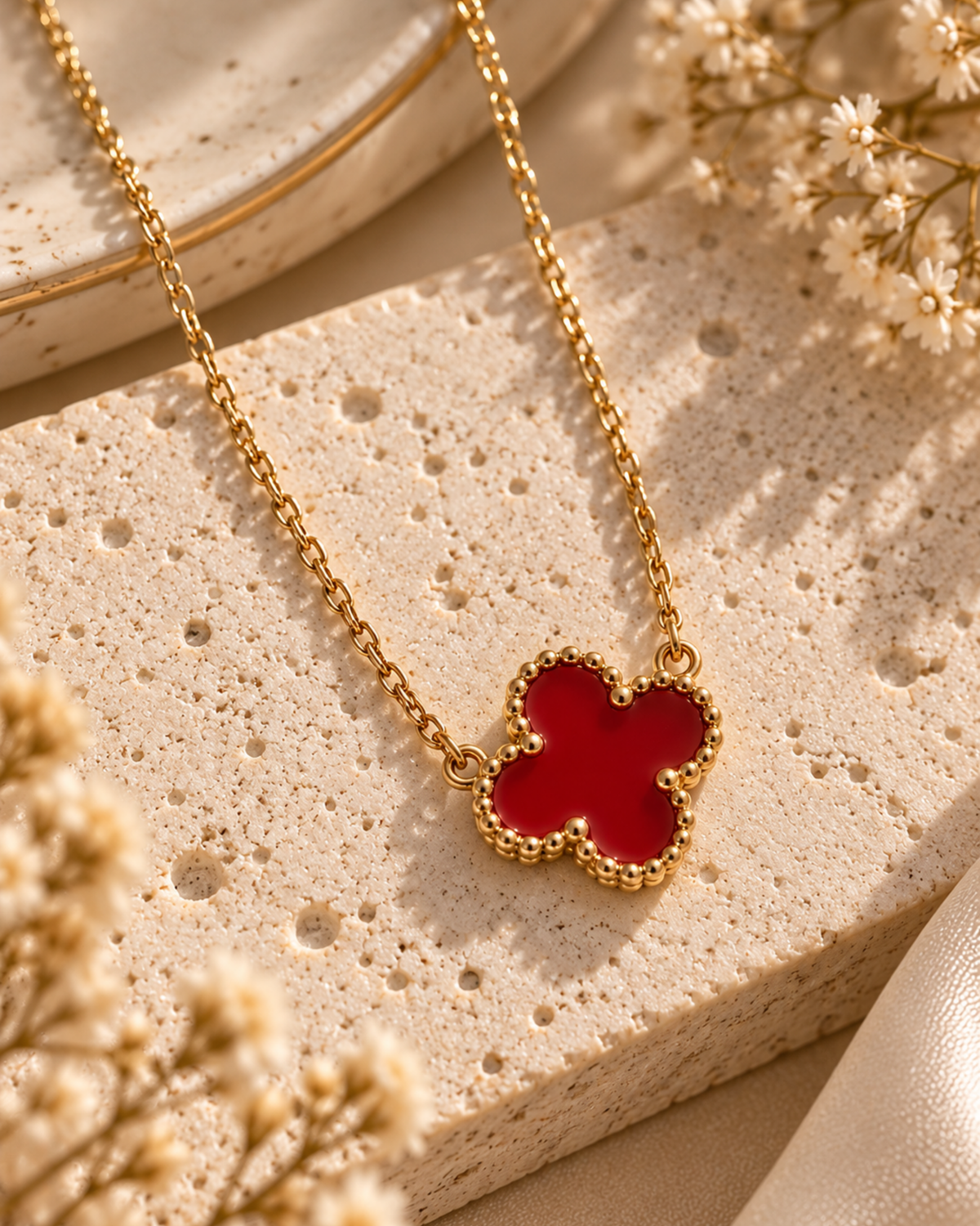 Carnelian Red Clover Pendant Necklace